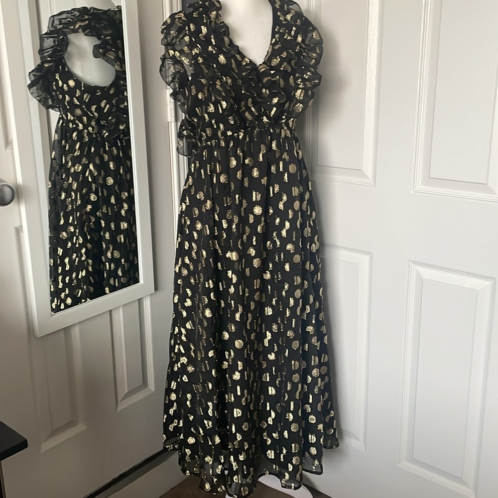 Madewell black and gold dot ruffle dress